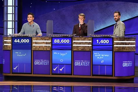 Who won last night%27s jeopardy - Aug 20, 2023 · All Time Jeopardy! Winnings, Regular Play Only: 1. Ken Jennings $2,520,700 2. James Holzhauer $2,462,216 3. Matt Amodio $1,518,601 4. Amy Schneider $1,382,800 